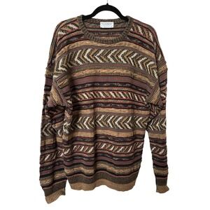 Tricots St Raphael Mens XL Vintage Geometric Chevron Knit Sweater Brown Made USA